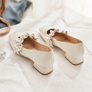 Faux Pearl Ruffle Trim Block Heel Pumps