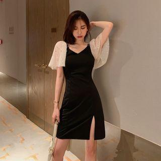 Short-sleeve Panel V-neck Slit Sheath Dress