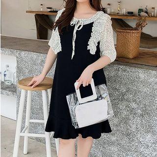 Elbow-sleeve Chiffon Paneled Frill Trim Dress