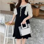 Elbow-sleeve Chiffon Paneled Frill Trim Dress