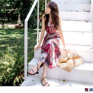 Tie-waist Printed Sleeveless Midi Dress