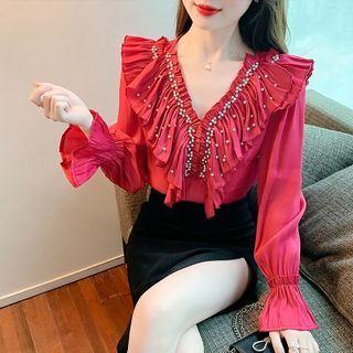 V-neck Beaded Ruffle Trim Blouse