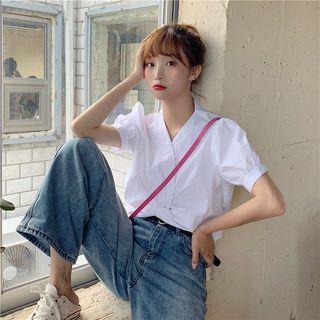 V-neck Puff-sleeve Knotted Blouse