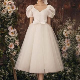 Puff-sleeve Ribbon Mesh Panel A-line Evening Gown