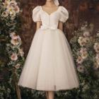 Puff-sleeve Ribbon Mesh Panel A-line Evening Gown