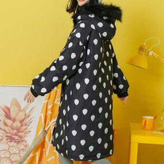Faux-fur Hood Strawberry Print Padded Long Jacket