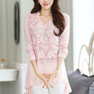 Lace V-neck Mock-two Piece Long-sleeve Top