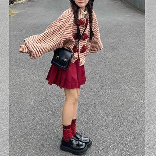 Frog-buttoned Houndstooth Jacket / Pleated Mini A-line Skirt / Set