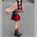 Frog-buttoned Houndstooth Jacket / Pleated Mini A-line Skirt / Set