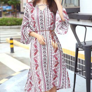 Elbow-sleeve Pattern Printed A-line Dress