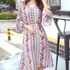 Elbow-sleeve Pattern Printed A-line Dress