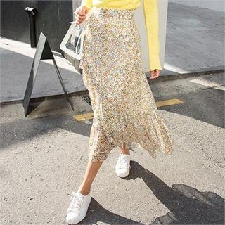 Asymmetric Ruffle-hem Floral Long Skirt