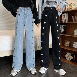 Heart Embroidered / Plain High-waist Straight Cut Jeans