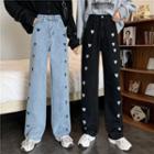 Heart Embroidered / Plain High-waist Straight Cut Jeans