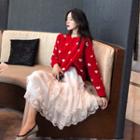 Loose-fit Heart-print Knit Sweater / Layered Dotted Skirt / Layered Lace Skirt