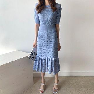 Short-sleeve Perforated Knit Mermaid Dress