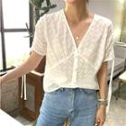 Short Sleeve Lace V-neck Blouse White - One Size