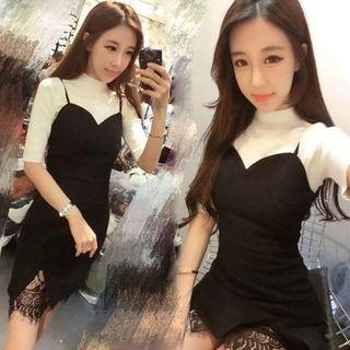 Set: Mock-neck Short-sleeve T-shirt + Lace Panel Spaghetti Strap Dress