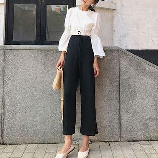 Plain Long-sleeve Top / Drawstring Straight-cut Pants