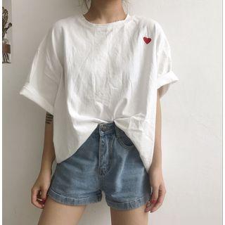 Elbow-sleeve Heart Embroidery T-shirt