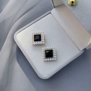 Faux Pearl Square Stud Earring 1 Pair - 925 Silver - Black & White - One Size