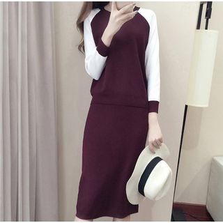 Set: Color Block Sweater + Straight-fit Knit Skirt