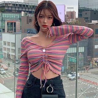 Long-sleeve Color Block Striped Drawstring Crop Top Pink - One Size