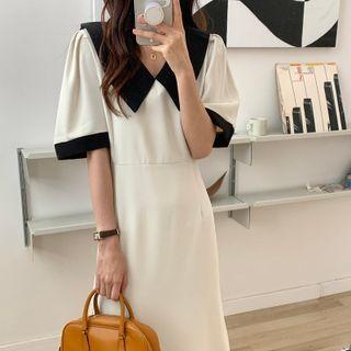 Short-sleeve Collared Two-tone Dress
