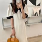 Short-sleeve Collared Two-tone Dress