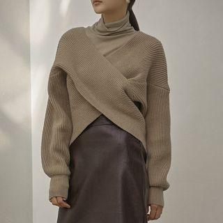 Drop-shoulder Wrap-front Sweater
