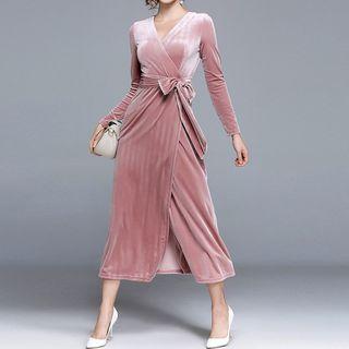 Long-sleeve Velvet Wrapped A-line Midi Dress
