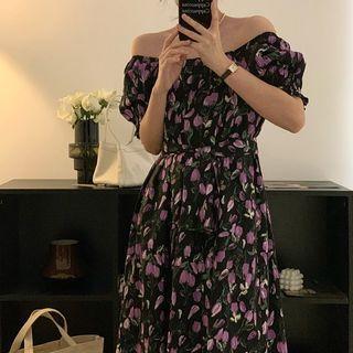 Off-shoulder Floral Print Midi A-line Dress Black & Purple - One Size