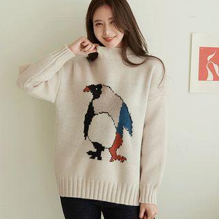 Mock-neck Penguin-printed Sweater