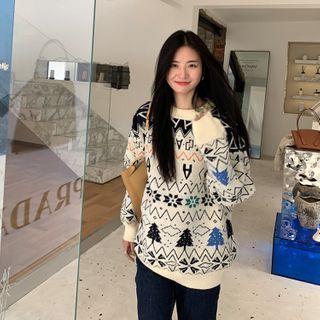 Patterned Sweater Blue & Off White - One Size