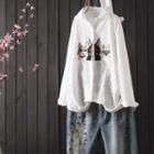 Long-sleeve Cat Embroidered Blouse White - One Size