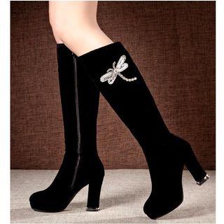 Embellished Dragonfly Block Heel Knee-high Boots
