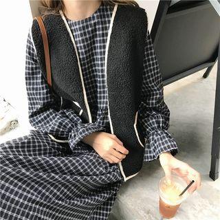 Set: Check Ruffle-sleeve Dress + Fleece Vest