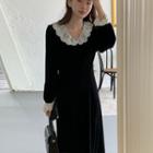Bell Sleeve Lace Trim Velvet A-line Dress Black - One Size