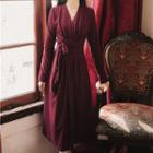 Glitter Tie-waist Long-sleeve Midi Shift Dress