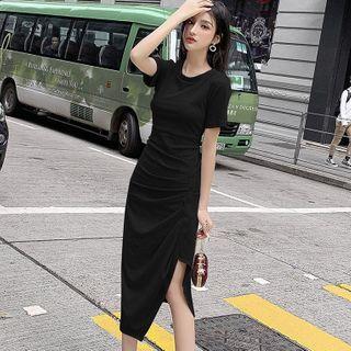 Long-sleeve Plain Side-slit Dress
