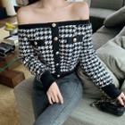 Off-shoulder Houndstooth Long-sleeve Top As Shown In Figure - One Size