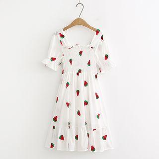 Short-sleeve Frill Trim Embroidered A-line Midi Dress