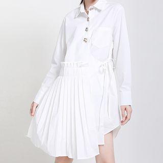 Asymmetrical Hem Long-sleeve Collared Dress