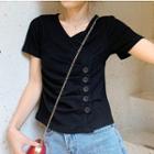 Short Sleeve V-neck Buttoned Wrapped T-shirt