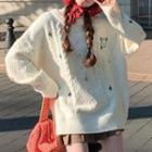 Rabbit Embroidered Cable Knit Sweater White - One Size