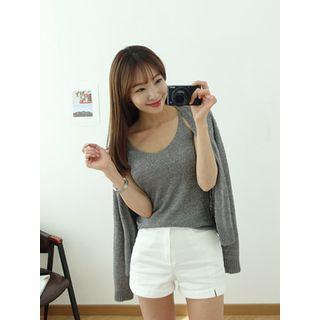 Set: Open-front Cardigan + Spaghetti-strap Knit Top