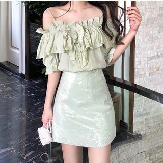 Short-sleeve Cold Shoulder Top / Sequined Skirt