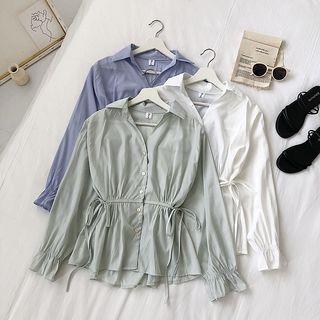 Drawstring Long-sleeve Button-down Blouse