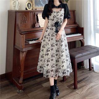 Puff-sleeve Cut-out Print Midi A-line Dress