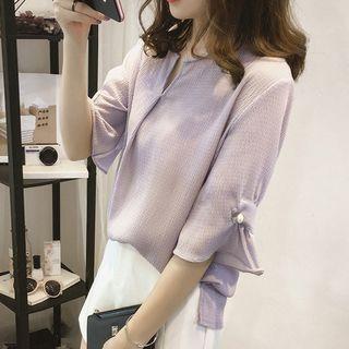 Faux Pearl Accent Elbow-sleeve Chiffon Blouse